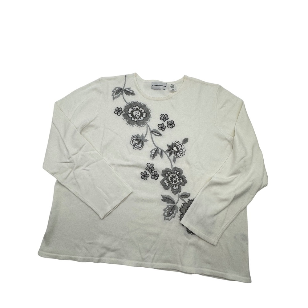 Alfred Dunner Womens XL Cream Floral Embroidered Sequin Long Sleeve Sweater
